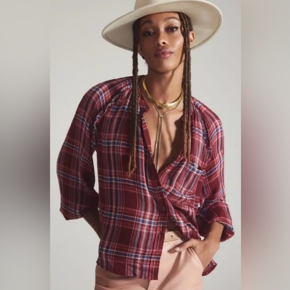 Anthropologie Pilcro Breezy Button Down Red Plaid Blouse size Medium Boho Chic
